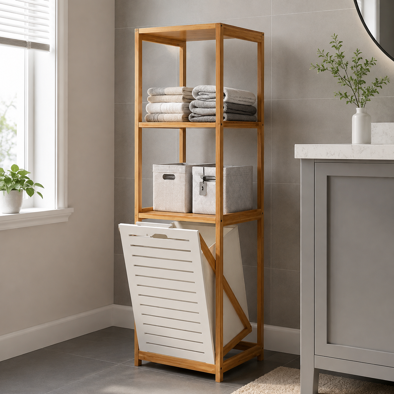 Ouch Cart Bamboo Bathroom Storage Shelf with Laundry Basket