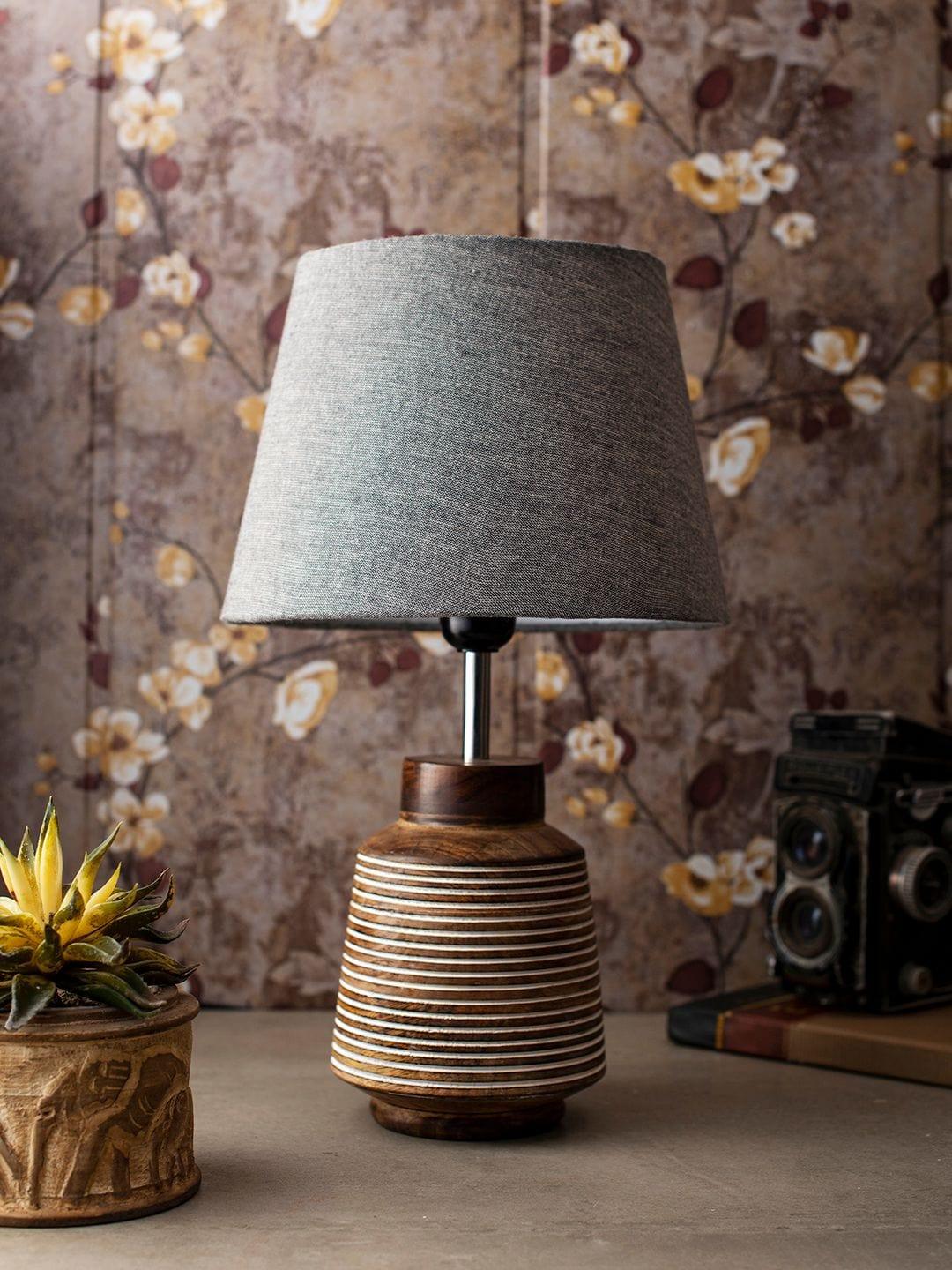 Rustic Ridged Wooden Lamp with Samre Grey Shade - Ouch Cart