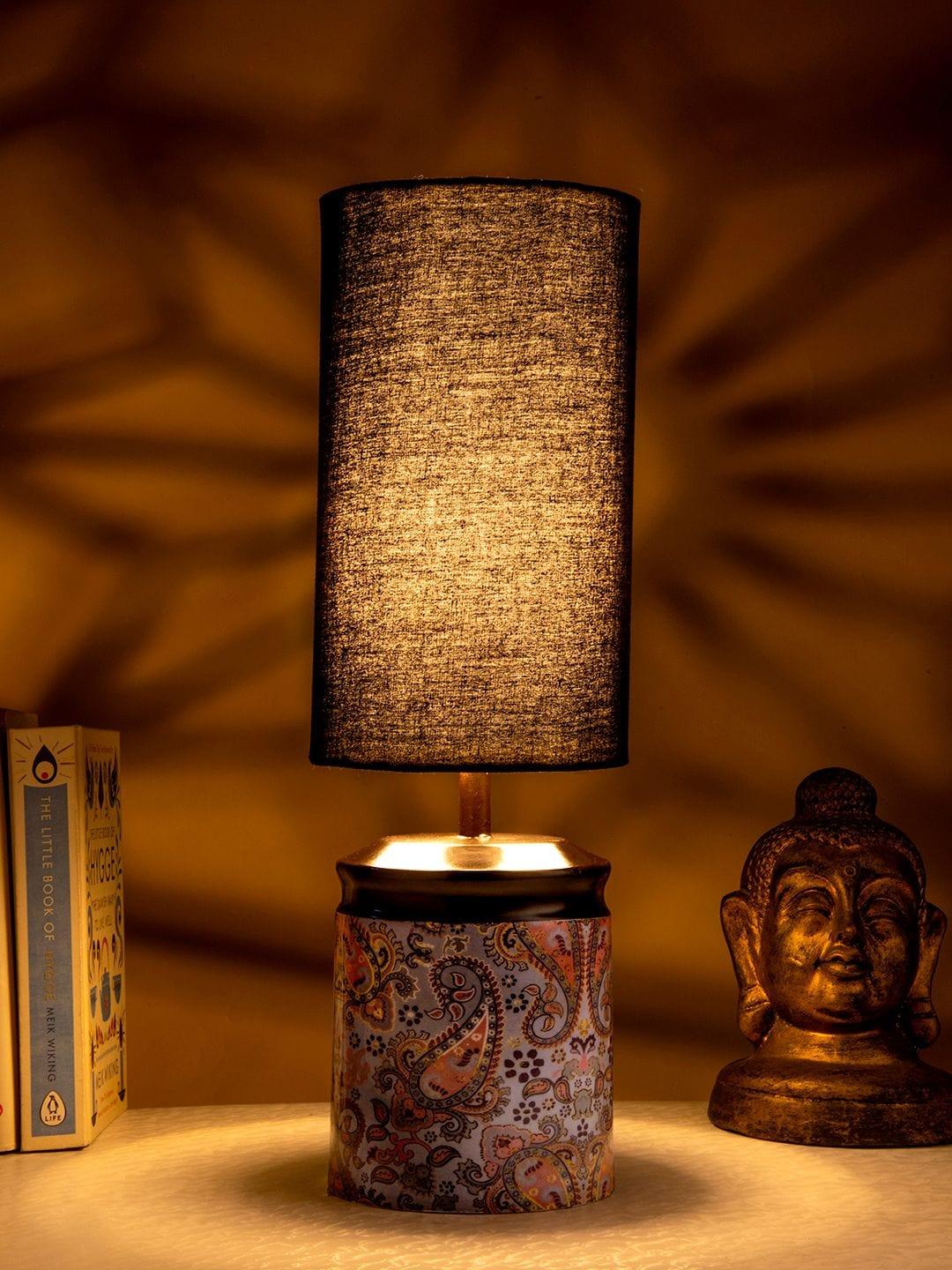 Metal Ambee printed Lamp with Solid Black Shade - Ouch Cart