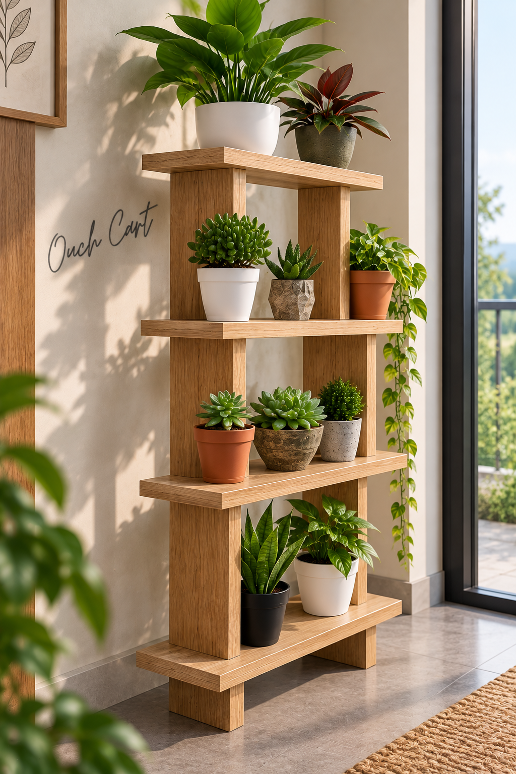 4-Tier Wooden Plant Stand for Indoor Plants | Rustic Multi-Level Plant Shelf & Holder for Living Room, Balcony & Home Decor OUCH CART