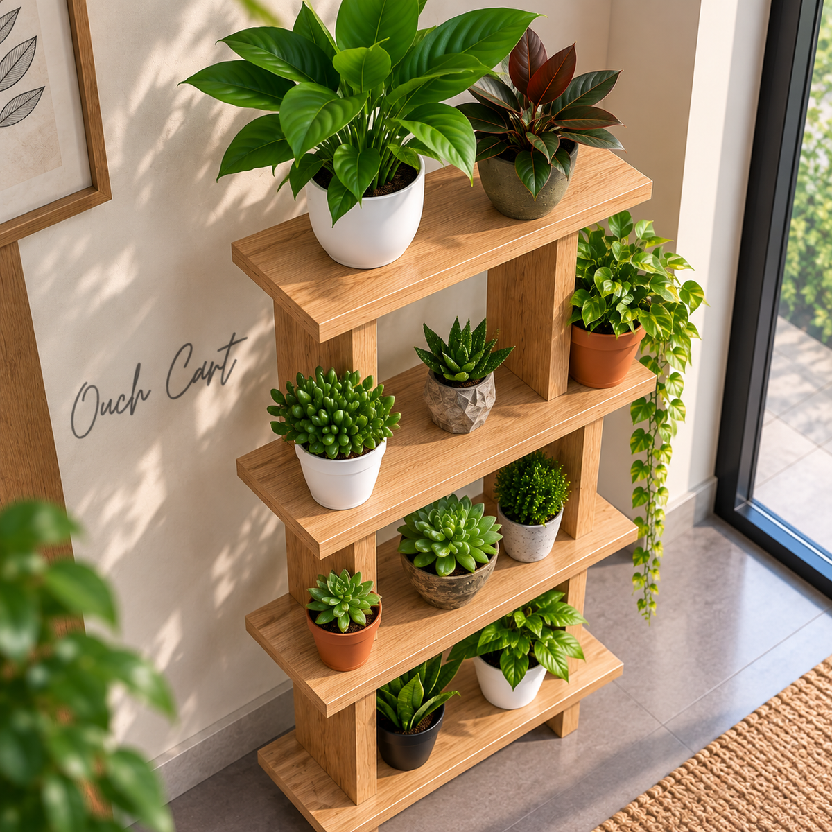 4-Tier Wooden Plant Stand for Indoor Plants | Rustic Multi-Level Plant Shelf & Holder for Living Room, Balcony & Home Decor OUCH CART