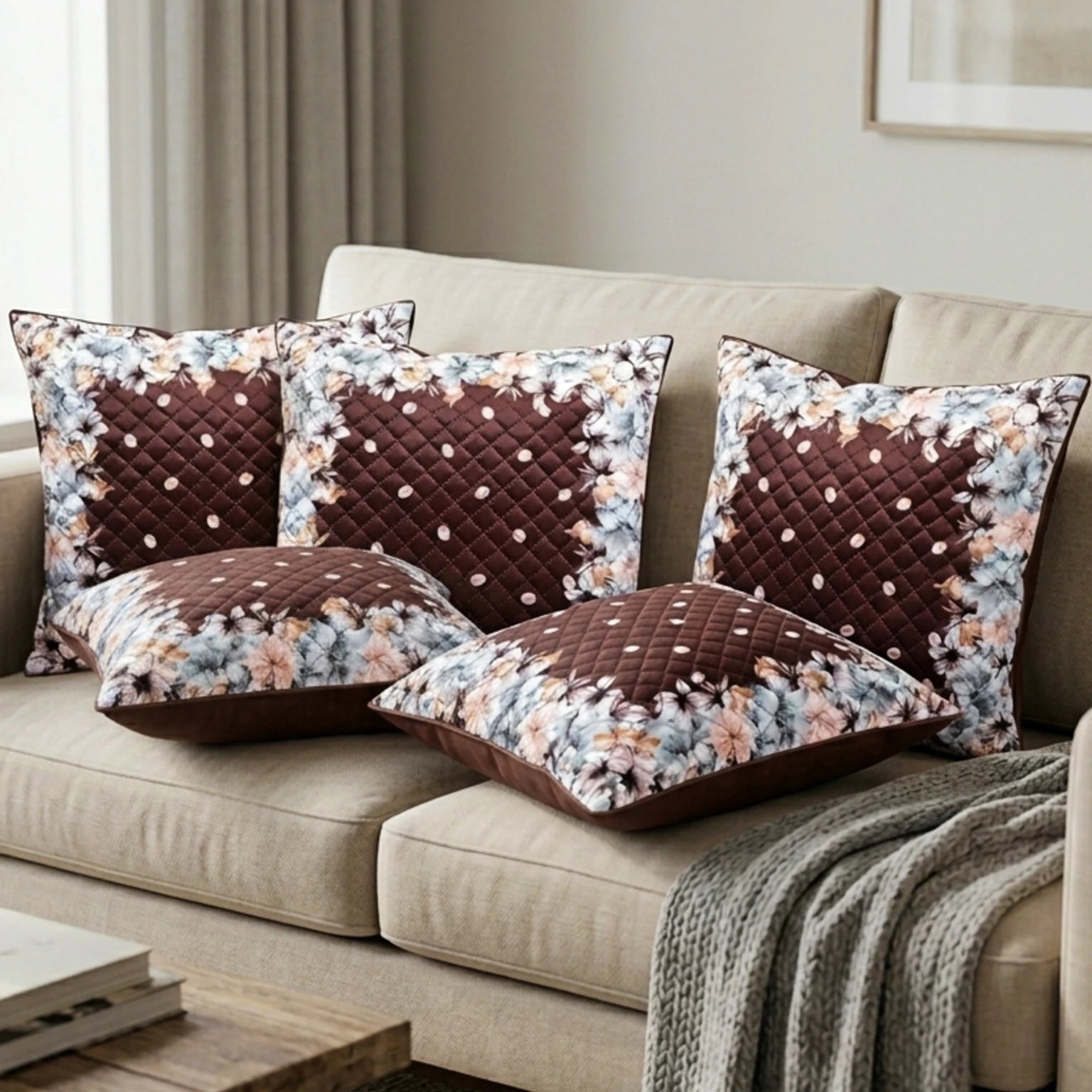 Premium Quilted Holland Velvet Cushion Covers, Coffee Floral, 16 x 16 Inch, Set of 5