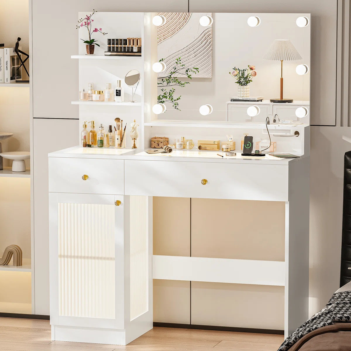 Modern 40" LED Makeup Vanity Table with Glass Top, Storage Drawers, Glass Cabinet, 3-Color Light Modes, and Power Outlet OUCH CART