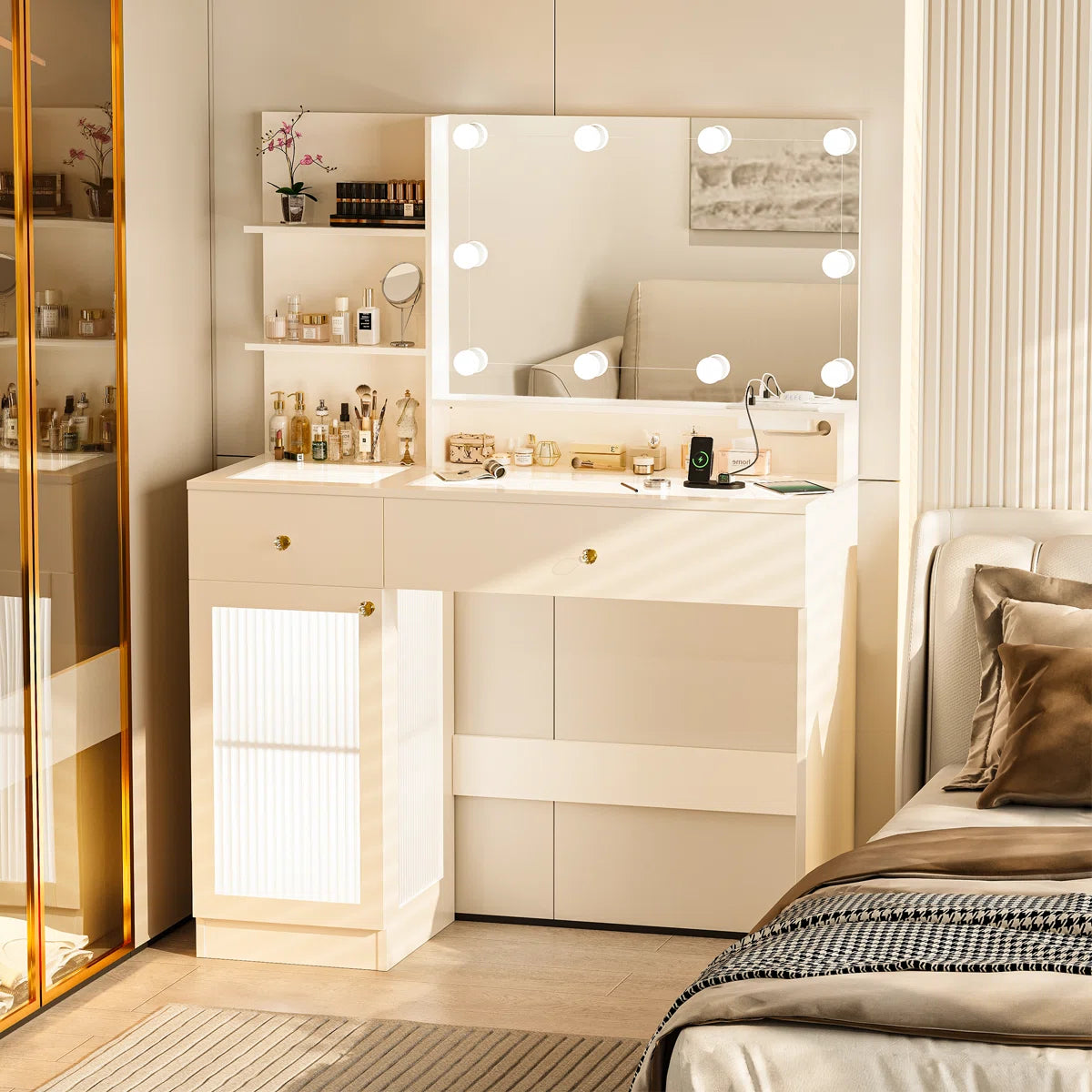 Modern 40" LED Makeup Vanity Table with Glass Top, Storage Drawers, Glass Cabinet, 3-Color Light Modes, and Power Outlet- OUCH CART | Dressing table