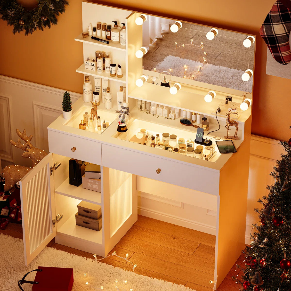 Modern 40" LED Makeup Vanity Table with Glass Top, Storage Drawers, Glass Cabinet, 3-Color Light Modes, and Power Outlet