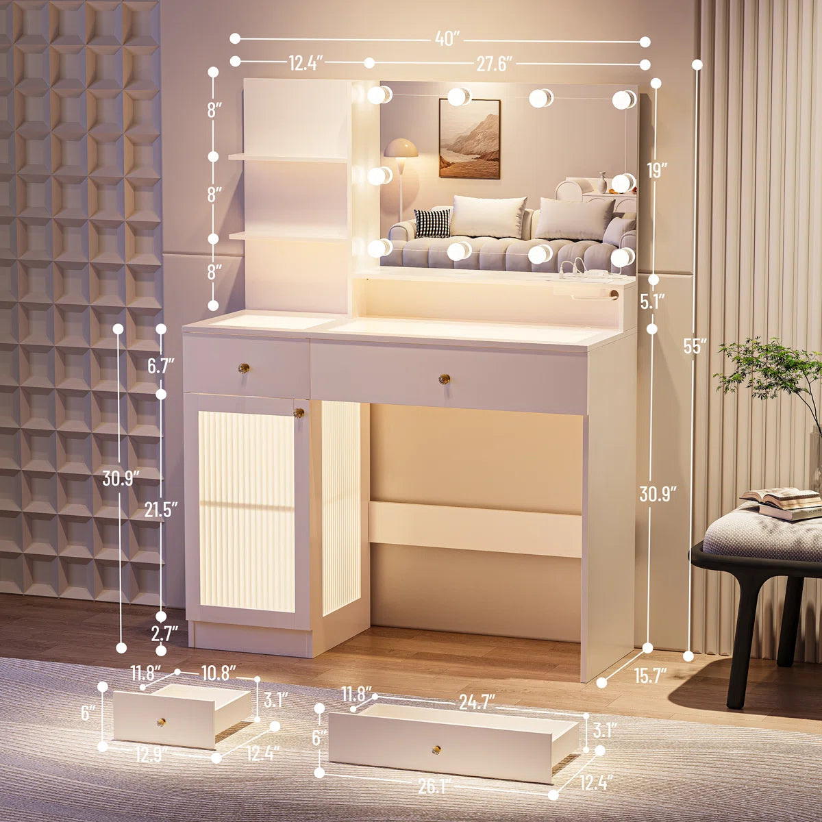 Modern 40" LED Makeup Vanity Table with Glass Top, Storage Drawers, Glass Cabinet, 3-Color Light Modes, and Power Outlet OUCH CART