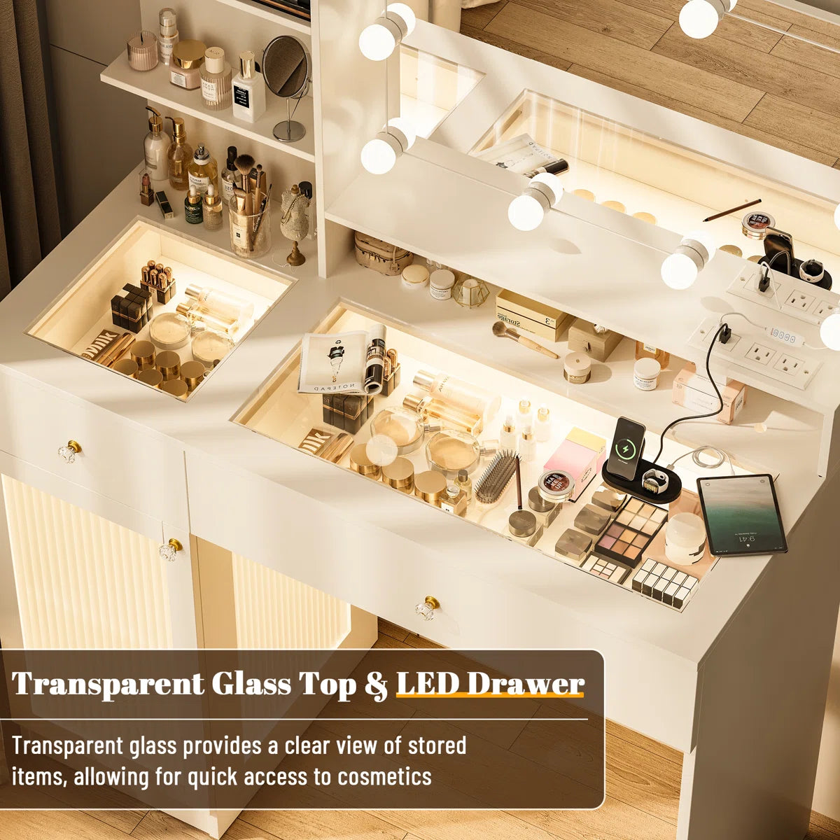 Modern 40" LED Makeup Vanity Table with Glass Top, Storage Drawers, Glass Cabinet, 3-Color Light Modes, and Power Outlet OUCH CART