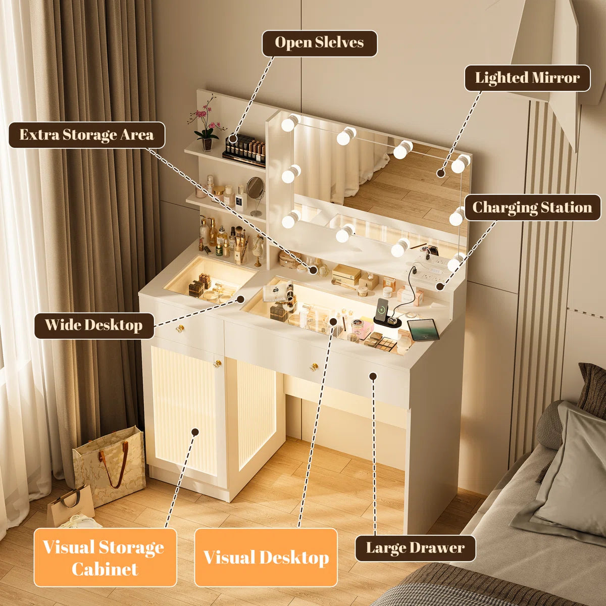 Modern 40" LED Makeup Vanity Table with Glass Top, Storage Drawers, Glass Cabinet, 3-Color Light Modes, and Power Outlet OUCH CART
