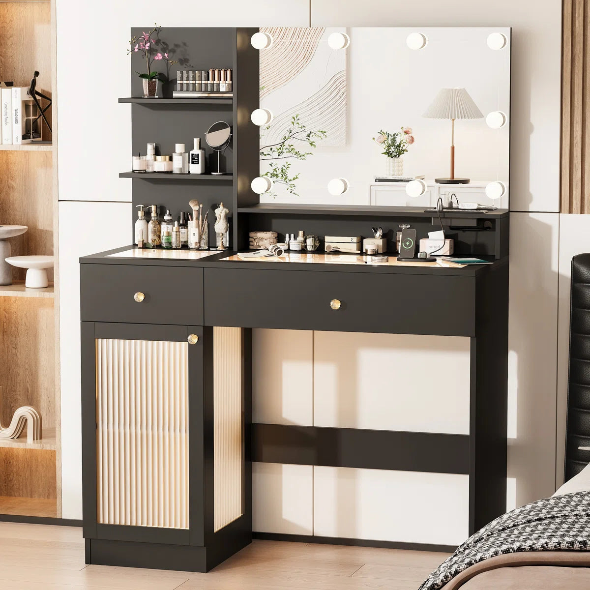 Modern 40" LED Makeup Vanity Table with Glass Top, Storage Drawers, Glass Cabinet, 3-Color Light Modes, and Power Outlet OUCH CART
