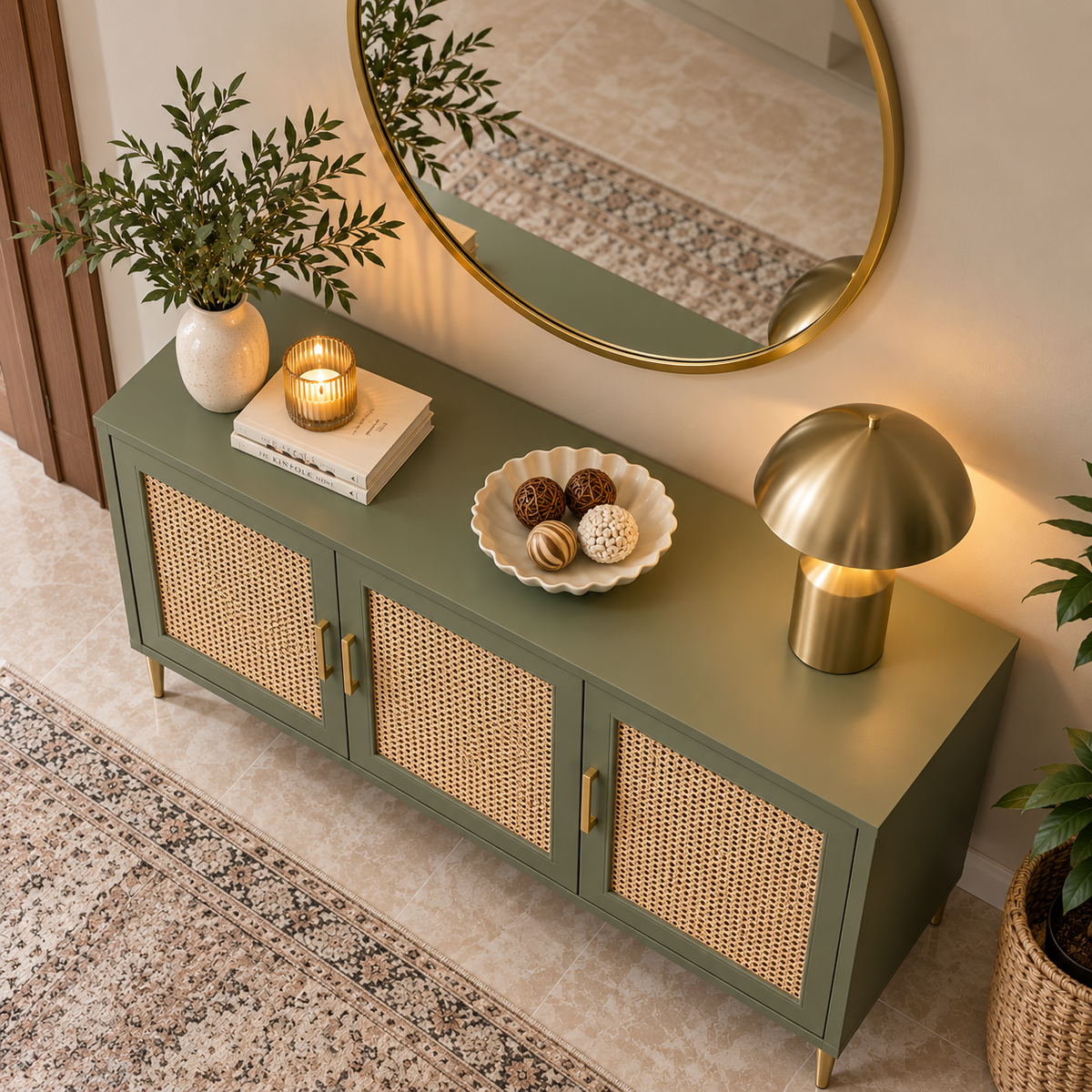 Modern Cane Sideboard Cabinet | Olive Green Storage Console with Rattan Doors & Brass Legs Ouch Cart