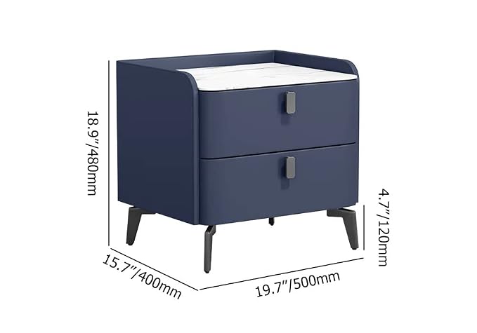 Ouch Cart Modern Blue Bedside Table with 2 Drawers & Marble Top – Top View Ouch Cart