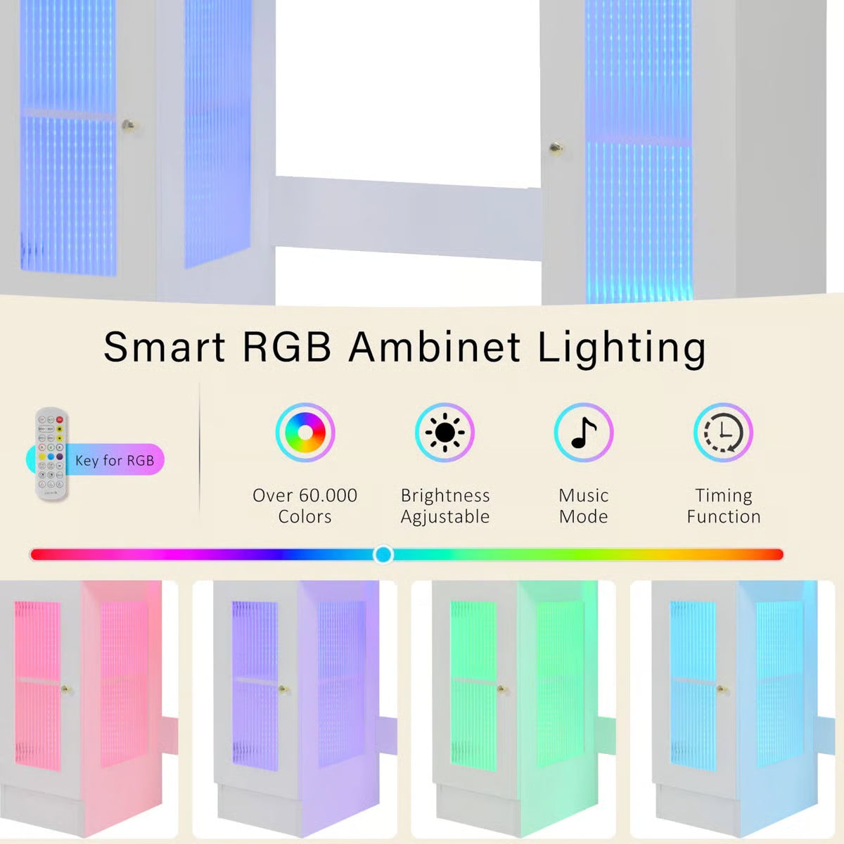 White 43.3'' Dressing Table with Large Mirror, 3-Color LED Lights, RGB Storage, and Power Outlet