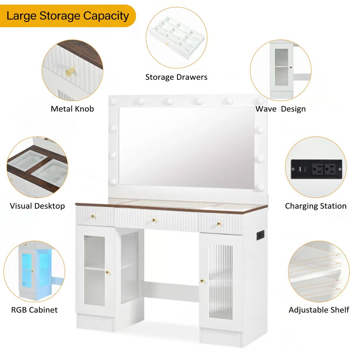 White 43.3'' Dressing Table with Large Mirror, 3-Color LED Lights, RGB Storage, and Power Outlet