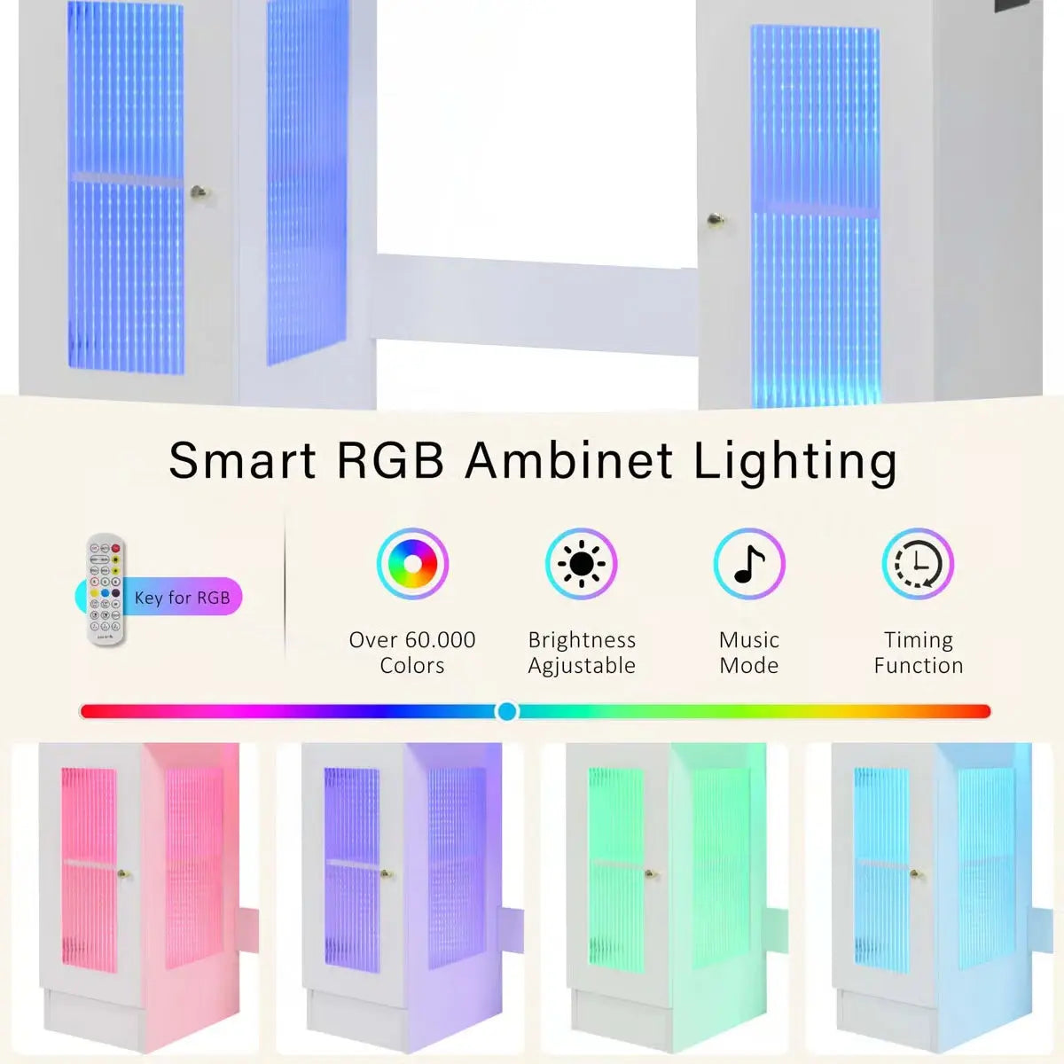 White 43.3'' Dressing Table with Large Mirror, 3-Color LED Lights, RGB Storage, and Power Outlet
