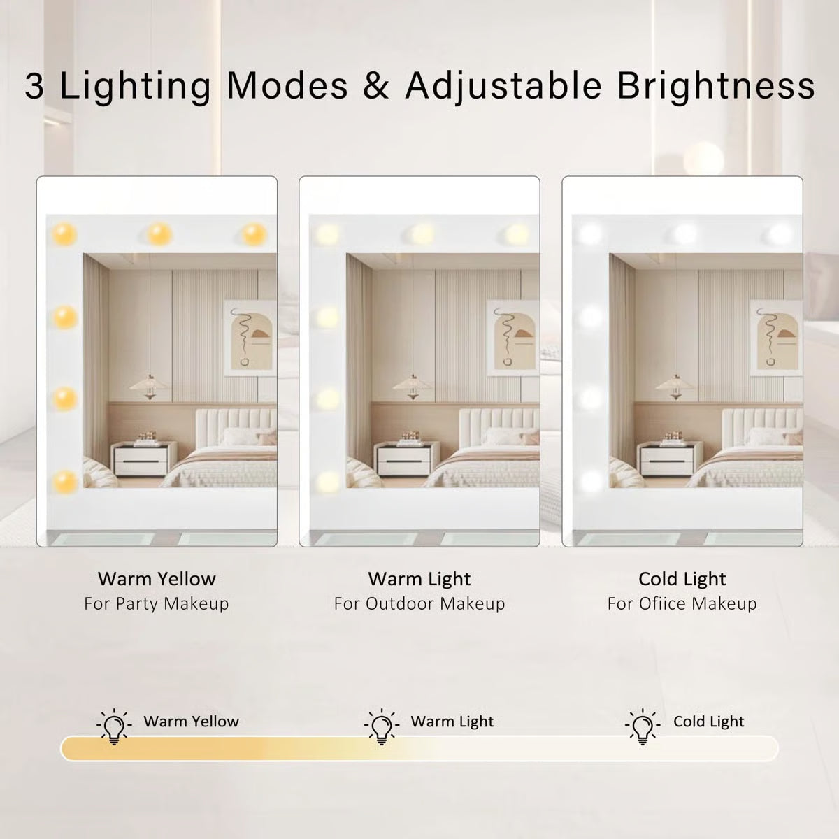 White 43.3'' Dressing Table with Large Mirror, 3-Color LED Lights, RGB Storage, and Power Outlet