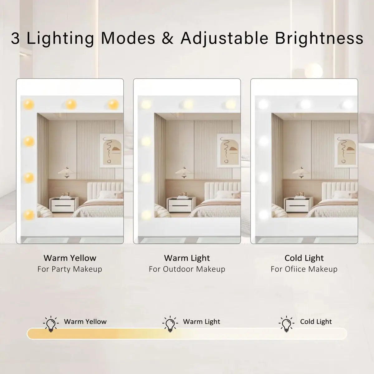 White 43.3'' Dressing Table with Large Mirror, 3-Color LED Lights, RGB Storage, and Power Outlet