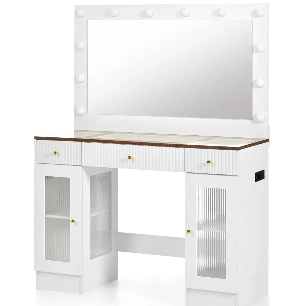 White 43.3'' Dressing Table with Large Mirror, 3-Color LED Lights, RGB Storage, and Power Outlet