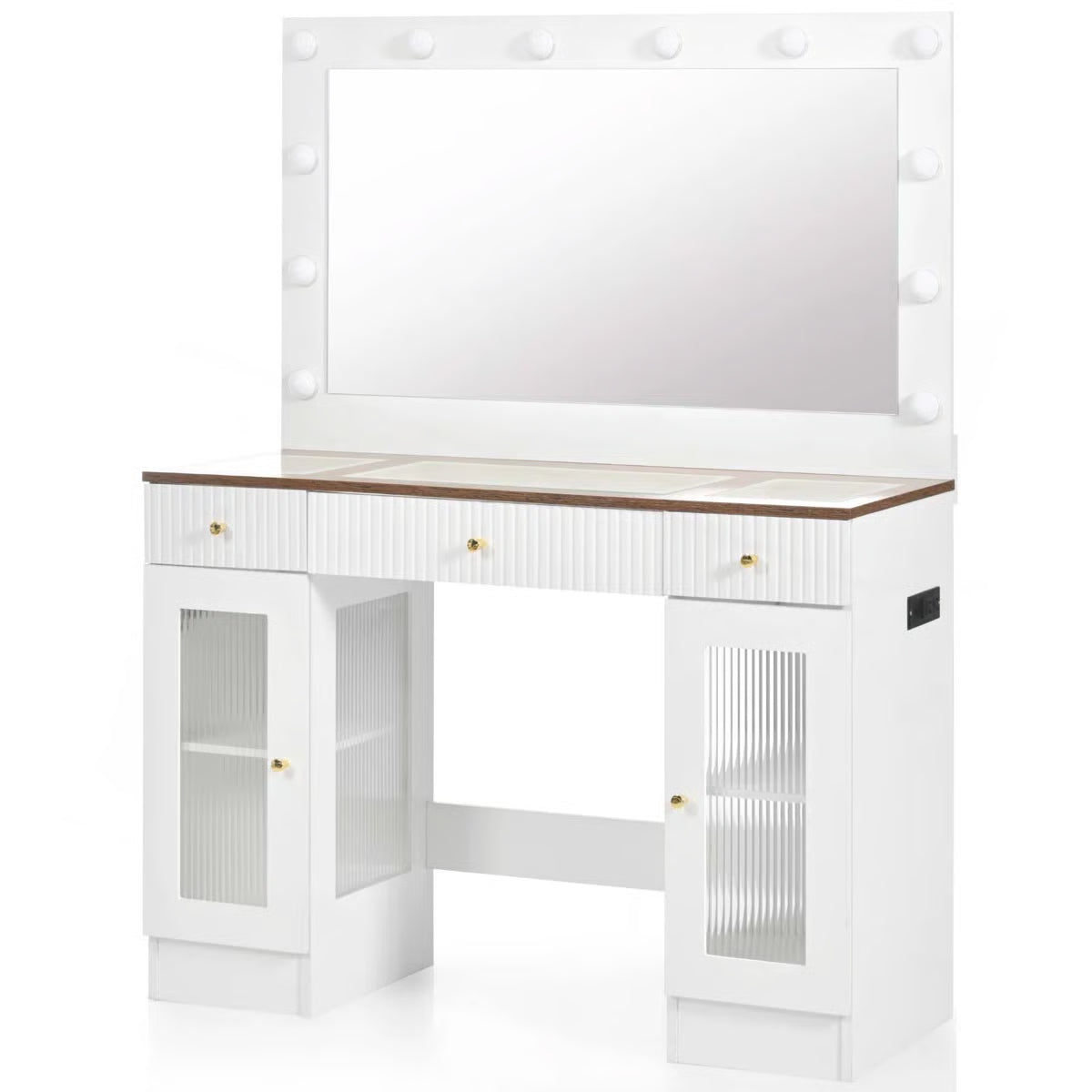 White 43.3'' Dressing Table with Large Mirror, 3-Color LED Lights, RGB Storage, and Power Outlet