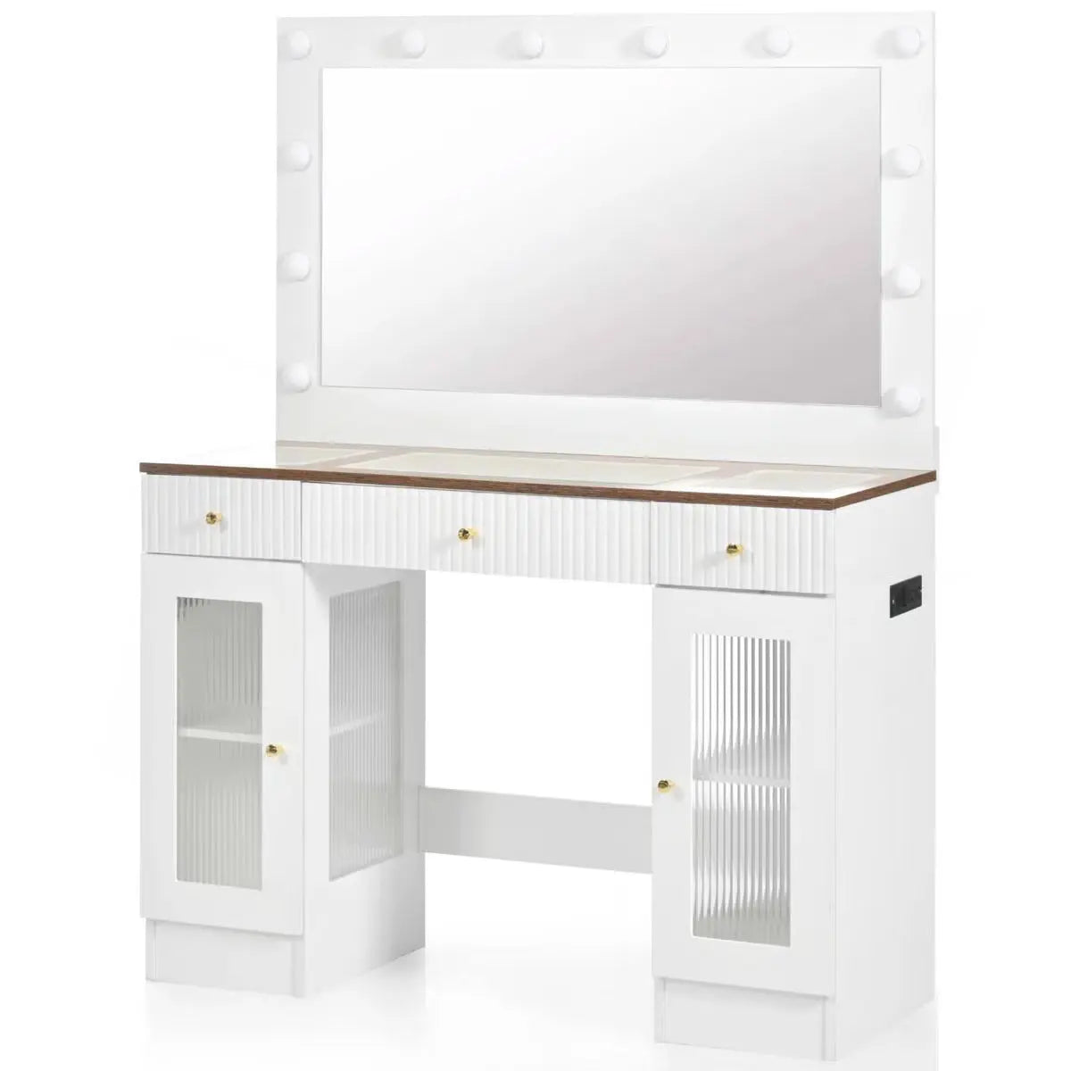 White 43.3'' Dressing Table with Large Mirror, 3-Color LED Lights, RGB Storage, and Power Outlet