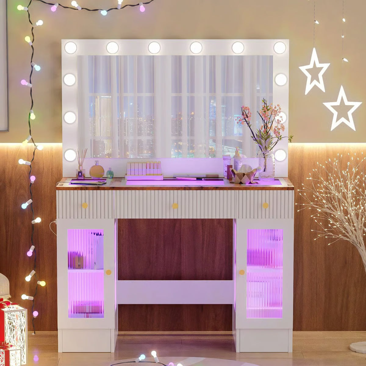 White 43.3'' Dressing Table with Large Mirror, 3-Color LED Lights, RGB Storage, and Power Outlet