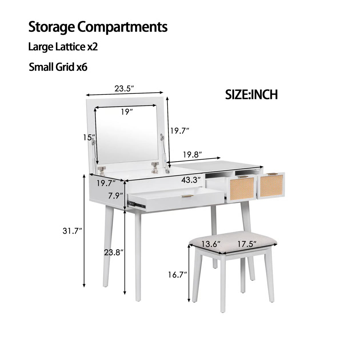 43.3" Classic Makeup Vanity – Elegant Wooden Vanity Desk with Storage