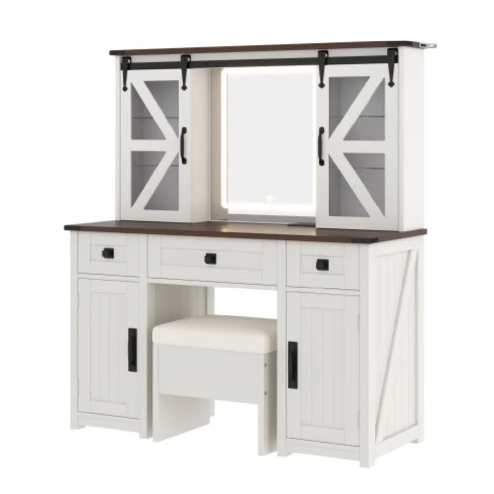 43.3" Beige Farmhouse Makeup Vanity โ LED Mirror, Storage Stool & Charging Port-OUCH CART |Dressing table