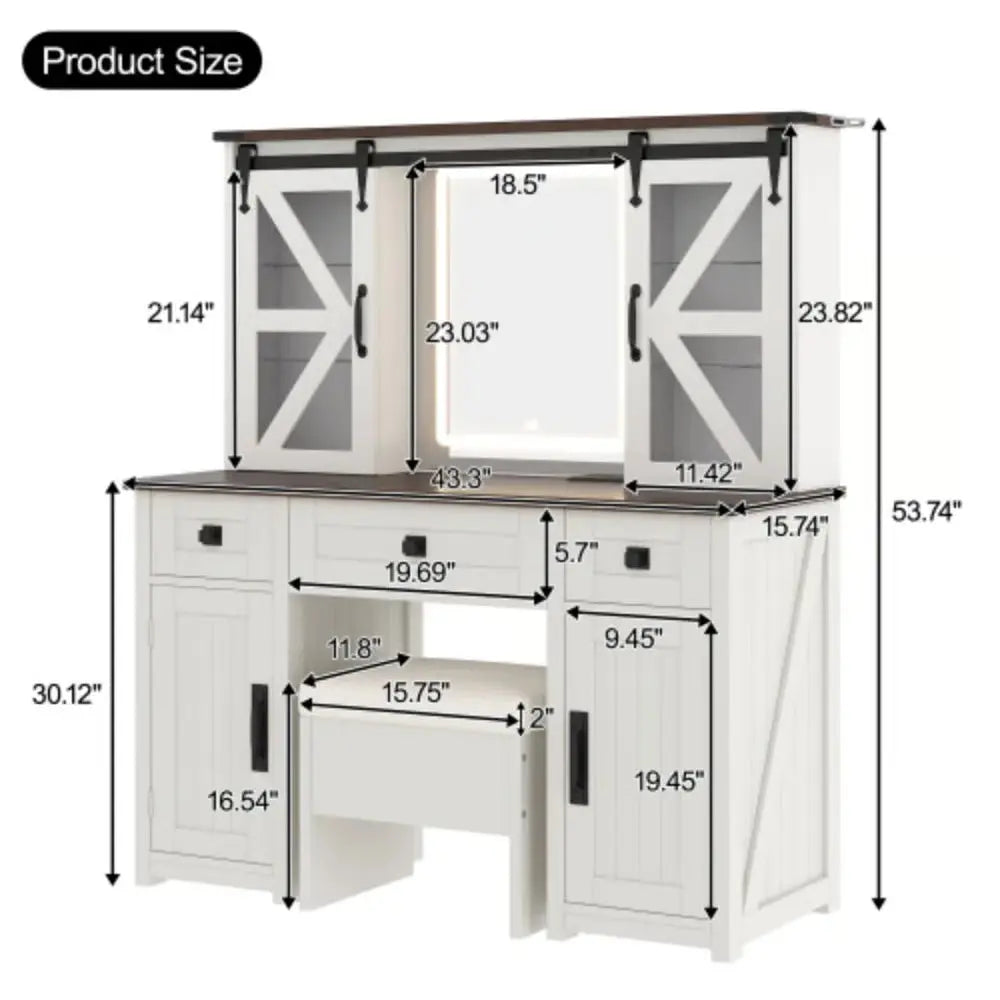 Beige Farmhouse Makeup Vanity Storage Stool & Charging Port