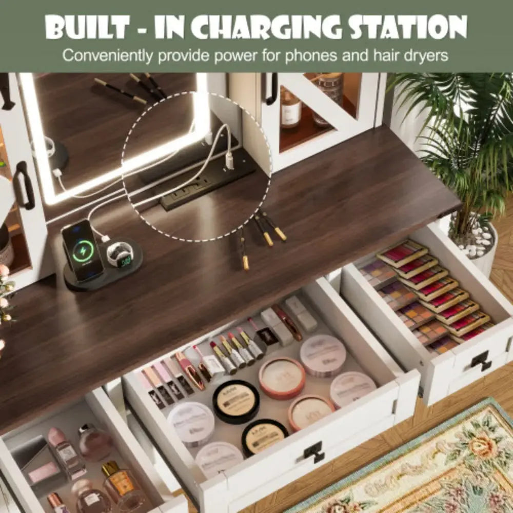 43.3" Beige Farmhouse Makeup Vanity – LED Mirror, Storage Stool & Charging Port-OUCH CART |Dressing table