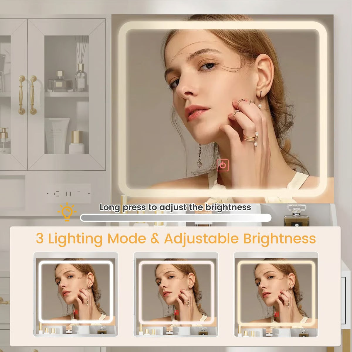 43" Modern Makeup Vanity Table with Light, Mirror, and Power Station