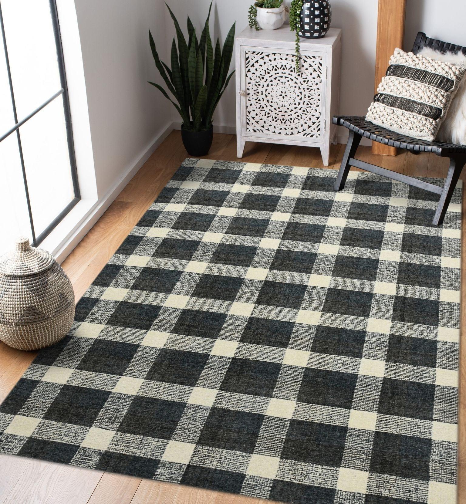 Charcoal Wool Tartan 8X10 Feet Hand-Tufted Carpet Rug - Ouch Cart