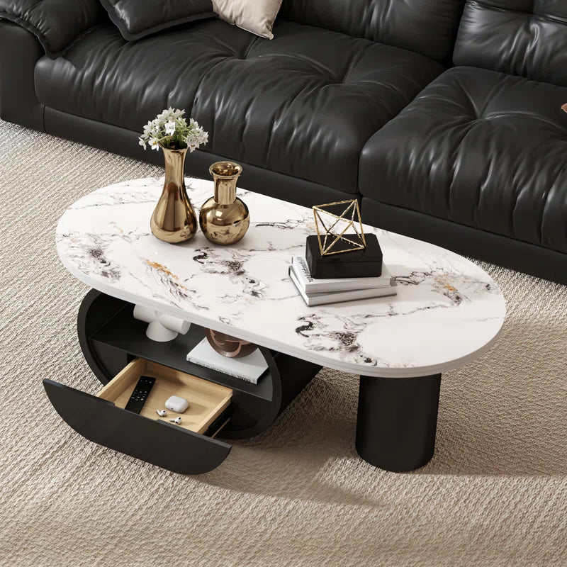 Luxury Oval Marble Finish Coffee Table with Storage Drawer & Shelf | Modern Center Table