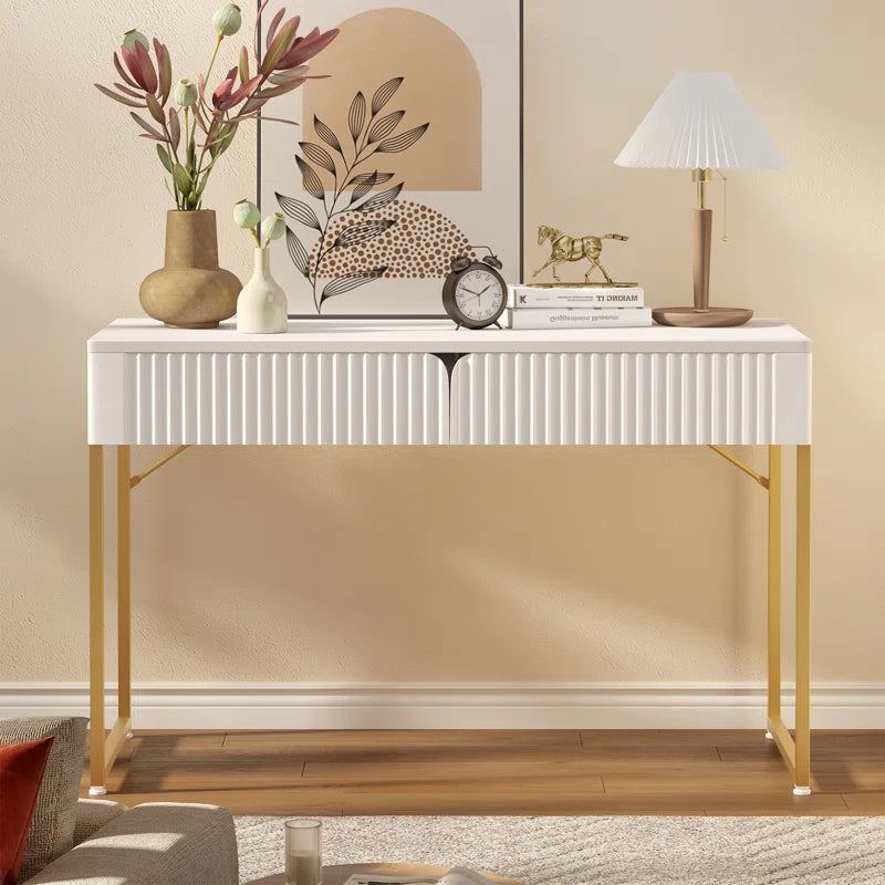 Modern White Makeup Vanity Table & Study Writing Desk with Gold Metal Frame for Bedroom, Office Ouch Cart