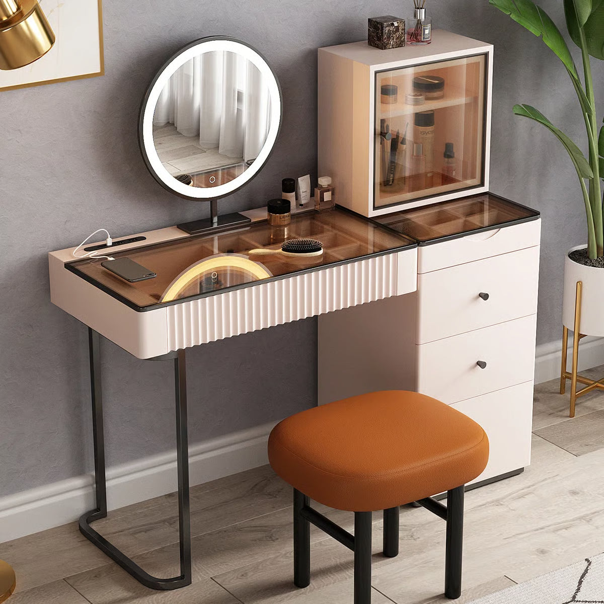 47'' High-quality Makeup Vanity set,Power Outlet, Glass Top,5-drawer,Very easy to assemble,Includes makeup stool