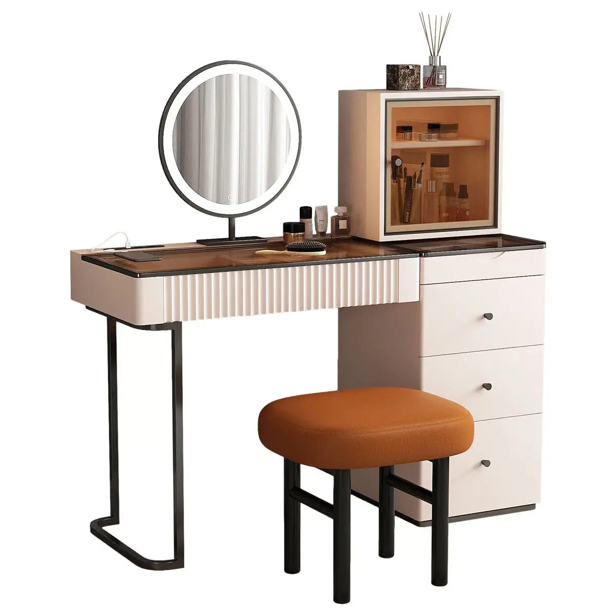 High-quality Makeup Vanity Outlet, Glass Top,5-drawer,Very easy to assemble,Includes makeup stool