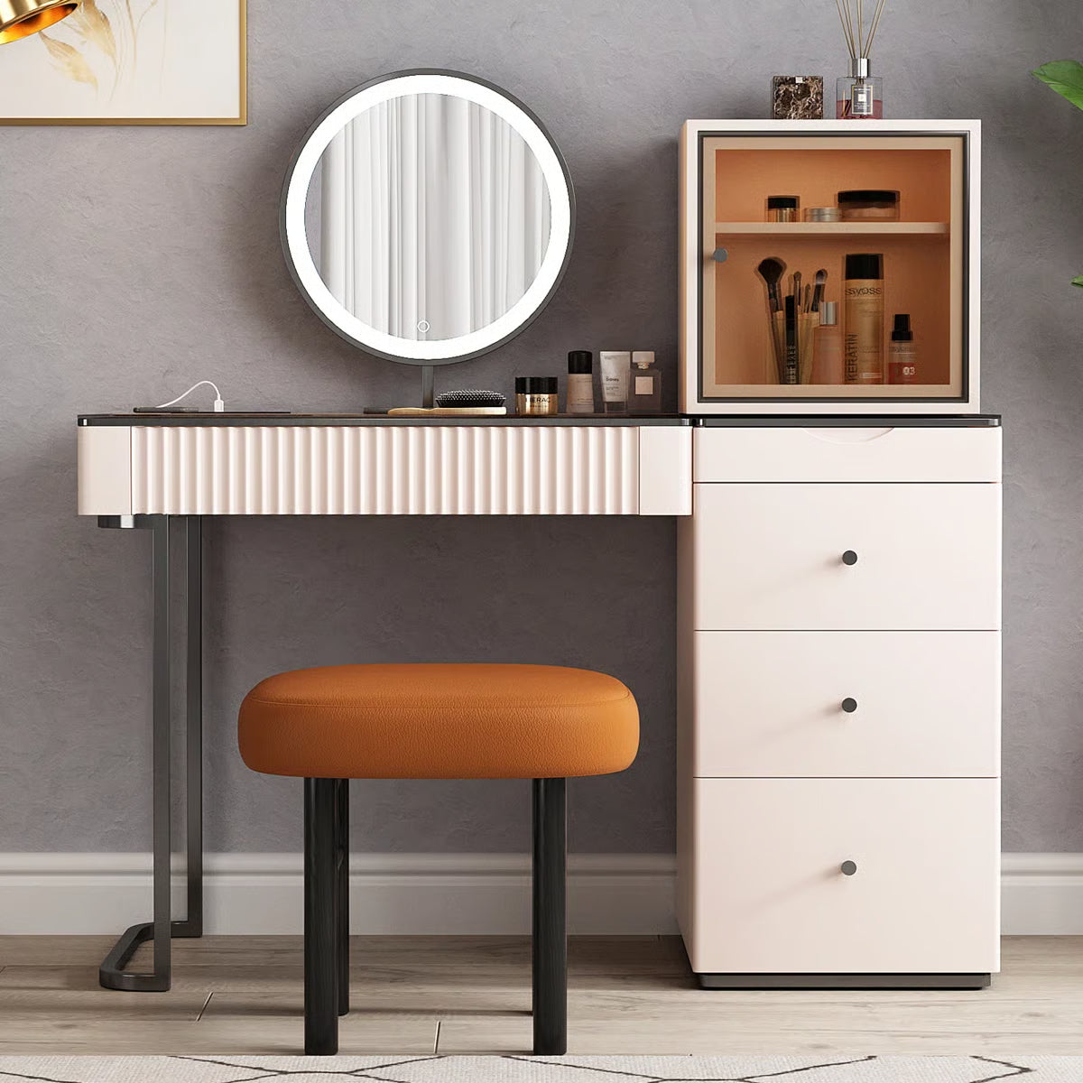 47'' High-quality Makeup Vanity set,Power Outlet, Glass Top,5-drawer,Very easy to assemble,Includes makeup stool