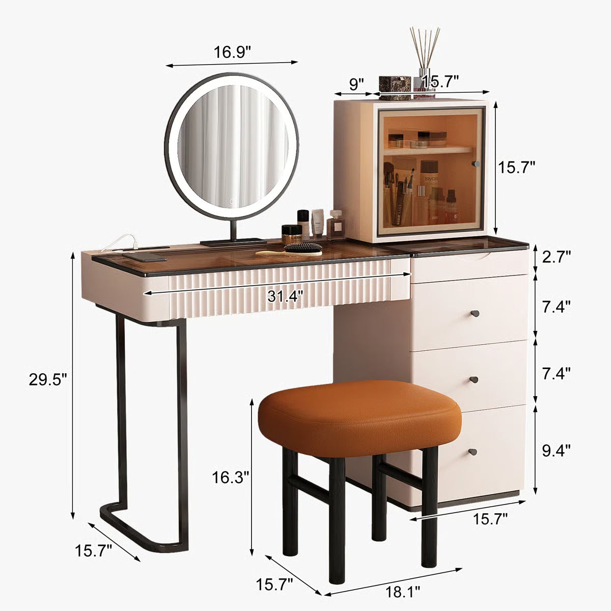 47'' High-quality Makeup Vanity set,Power Outlet, Glass Top,5-drawer,Very easy to assemble,Includes makeup stool