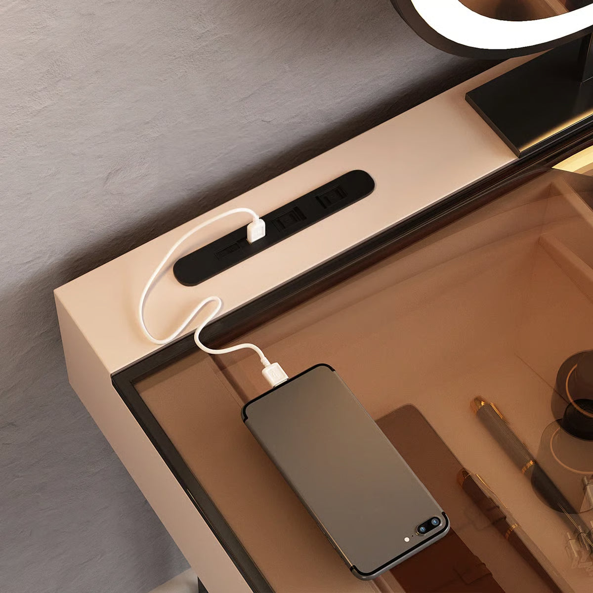 47'' High-quality Makeup Vanity set,Power Outlet, Glass Top,5-drawer,Very easy to assemble,Includes makeup stool