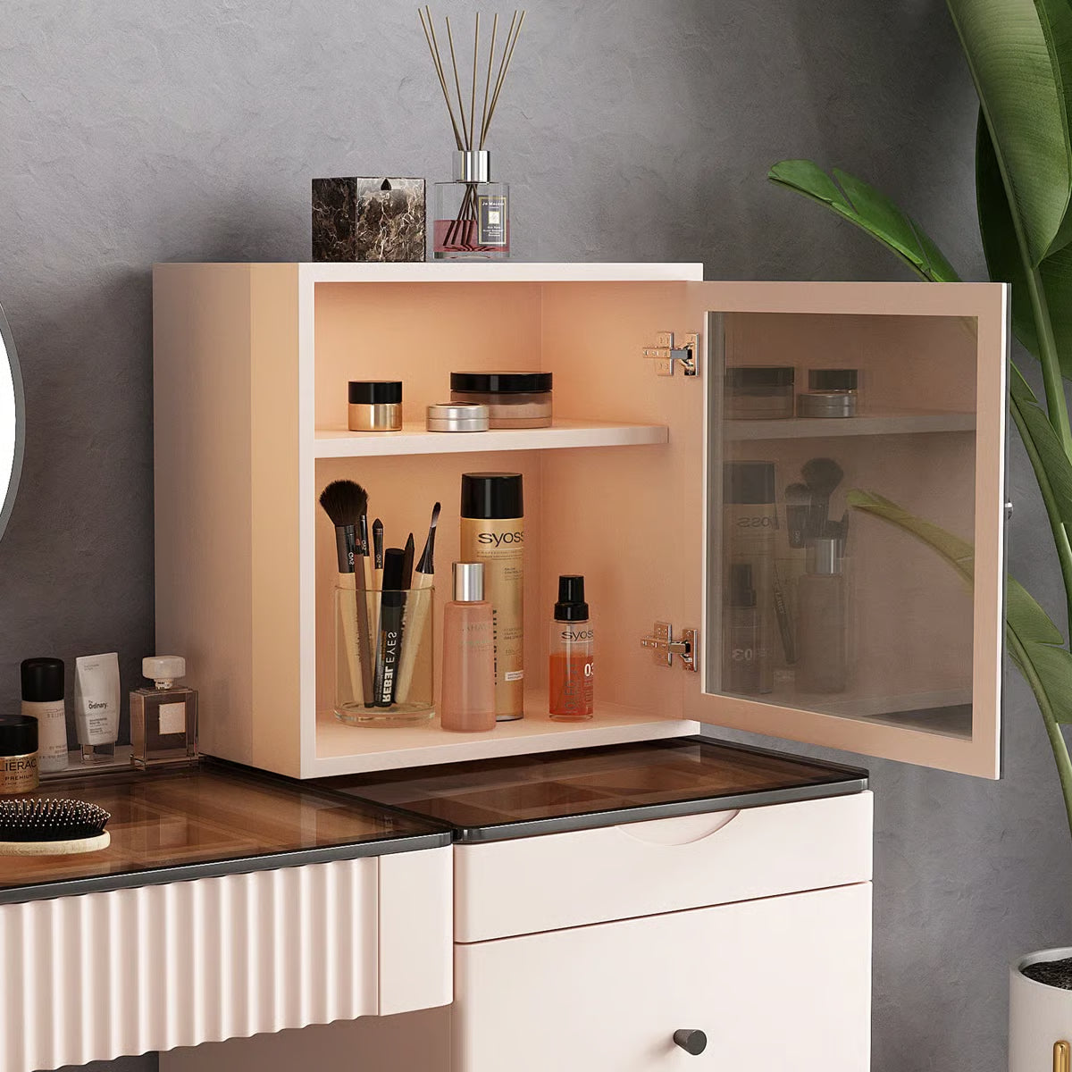 47'' High-quality Makeup Vanity set,Power Outlet, Glass Top,5-drawer,Very easy to assemble,Includes makeup stool