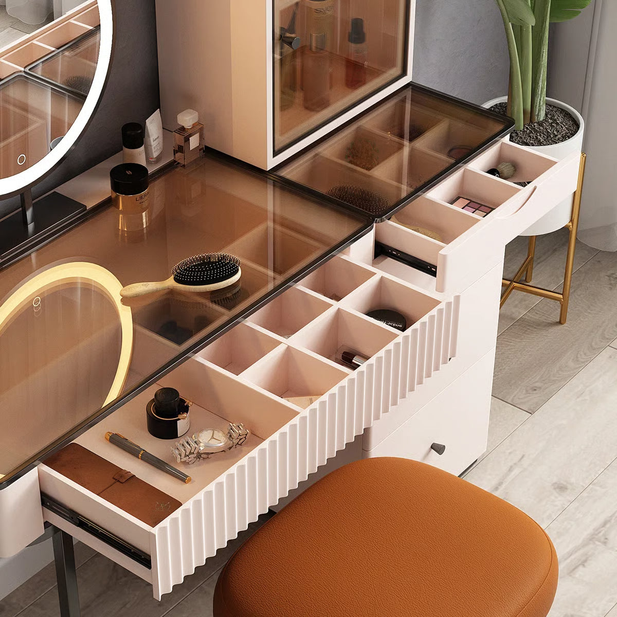 47'' High-quality Makeup Vanity set,Power Outlet, Glass Top,5-drawer,Very easy to assemble,Includes makeup stool