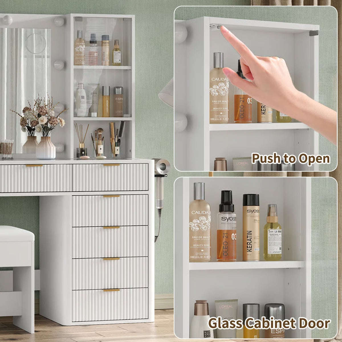 47" Makeup Vanity Desk with Fluted Design – 10 LED Lights, 3-Mode Adjustable Mirror, 7 Drawers & Power Outlet