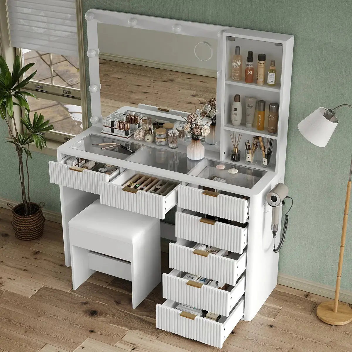 47" Makeup Vanity Desk with Fluted Design – 10 LED Lights, 3-Mode Adjustable Mirror, 7 Drawers & Power Outlet-OUCH CART |Dressing table