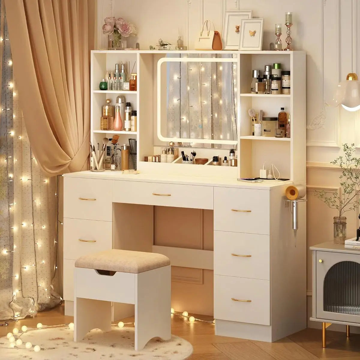47" Lighted Makeup Vanity Table with LED Mirror, Drawers, Cabinets, Power Outlet, and Adjustable LED Modes