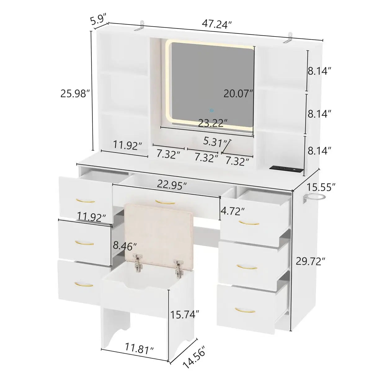47" Lighted Makeup Vanity Table with LED Mirror, Drawers, Cabinets, Power Outlet, and Adjustable LED Modes