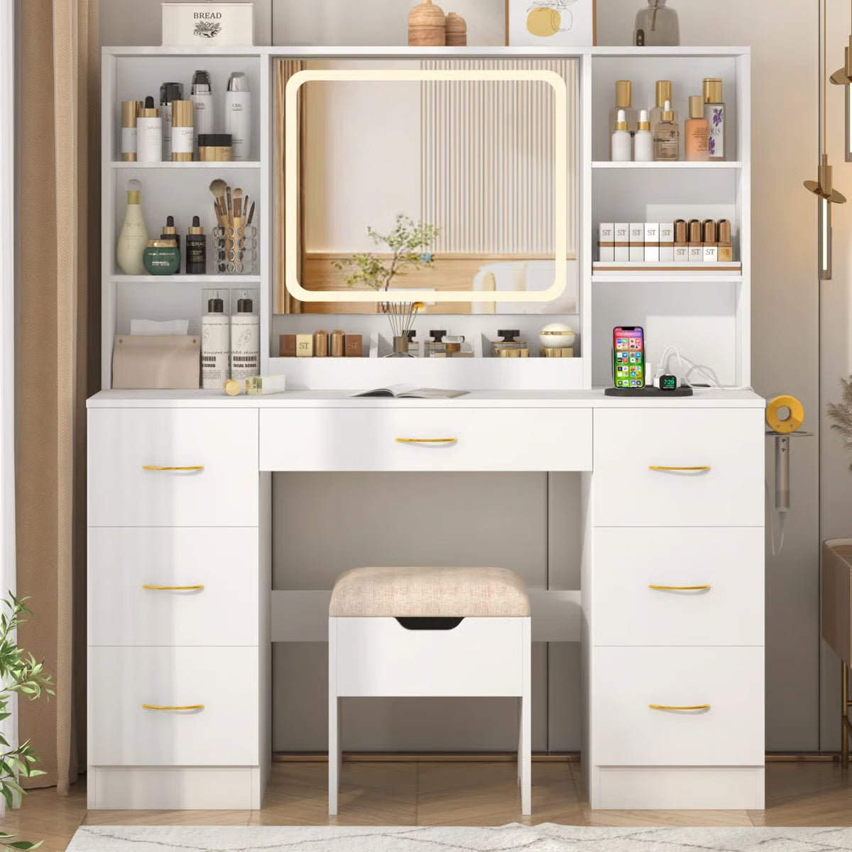 47" Lighted Makeup Vanity Table with LED Mirror, Drawers, Cabinets, Power Outlet, and Adjustable LED Modes-OUCH CART | Dressing table