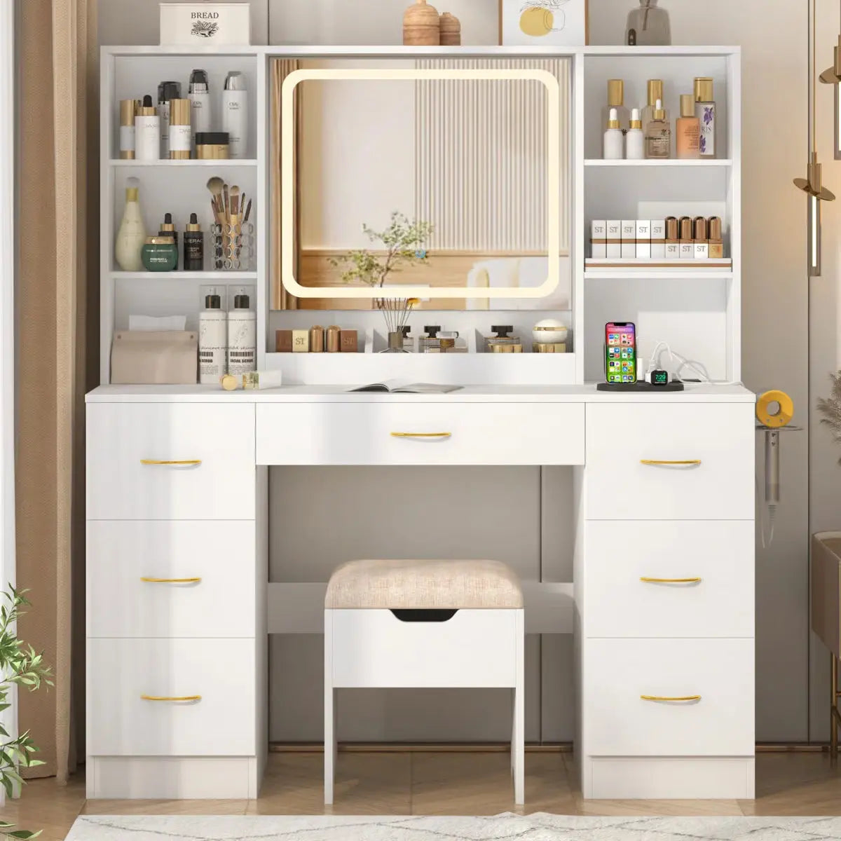 47" Lighted Makeup Vanity Table with LED Mirror, Drawers, Cabinets, Power Outlet, and Adjustable LED Modes-OUCH CART | Dressing table
