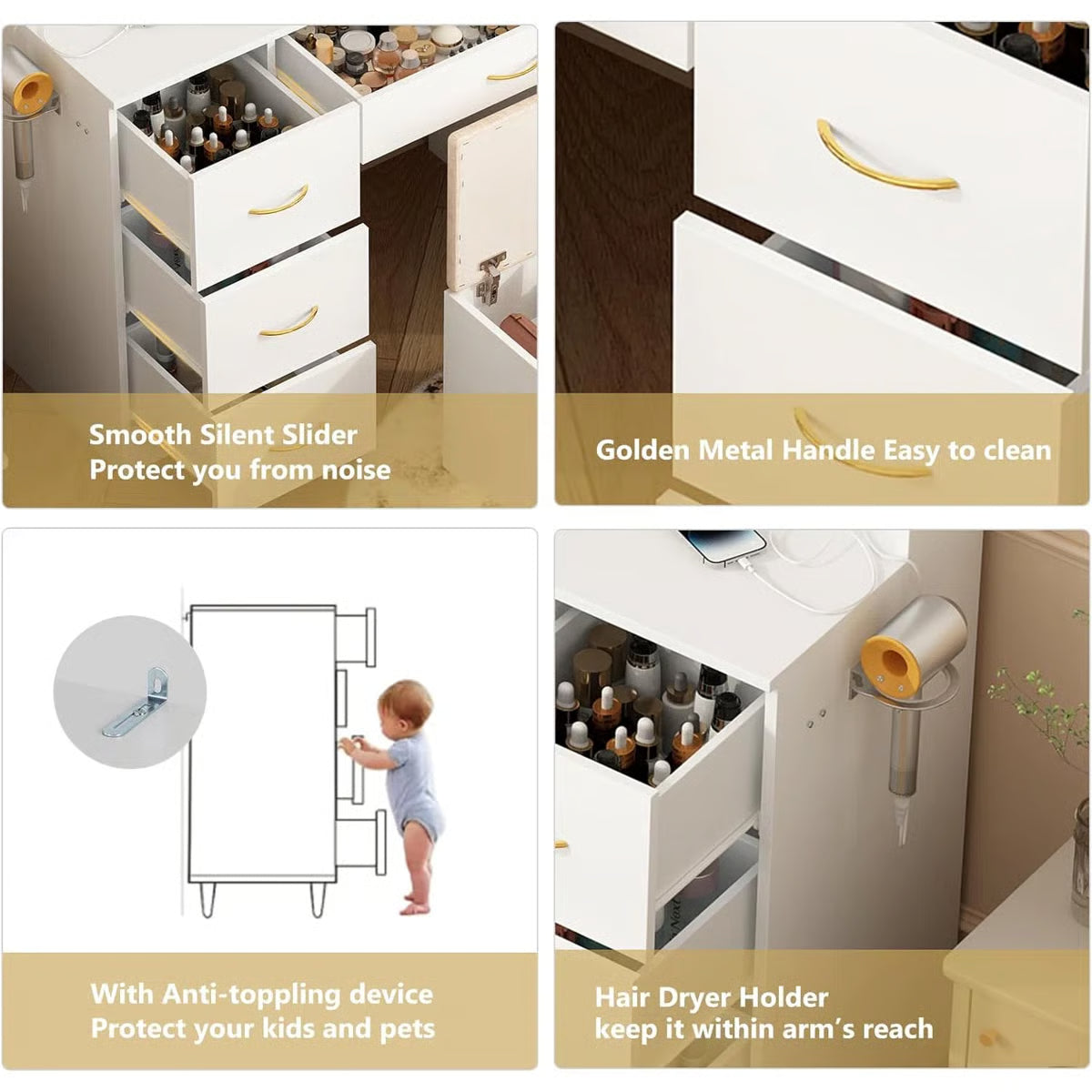 47" Lighted Makeup Vanity Table with LED Mirror, Drawers, Cabinets, Power Outlet, and Adjustable LED Modes