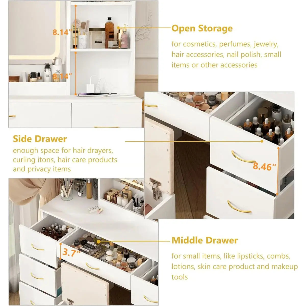 47" Lighted Makeup Vanity Table with LED Mirror, Drawers, Cabinets, Power Outlet, and Adjustable LED Modes-OUCH CART | Dressing table