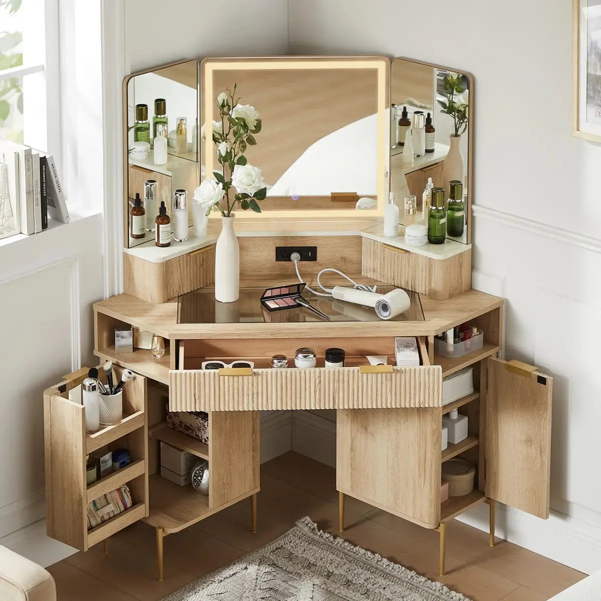 48" Corner Makeup Vanity With 3 Led Mirror- OUCH CART | Dressing table