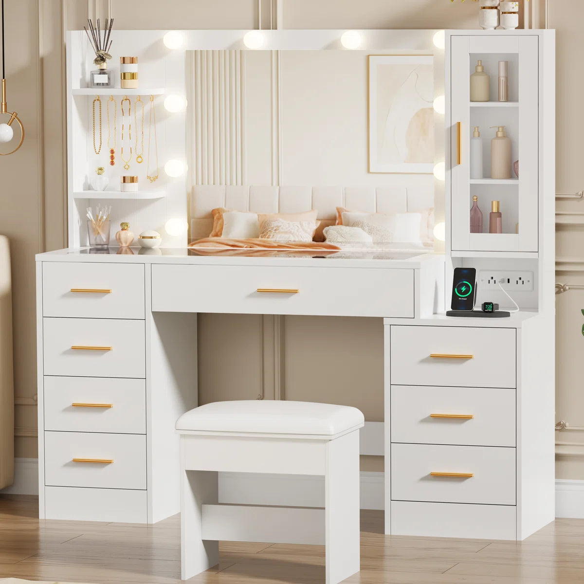 49.2" Makeup Vanity Desk with 8 Drawers, Glass Surface, and Built-In Charging Outlet Ouch Cart