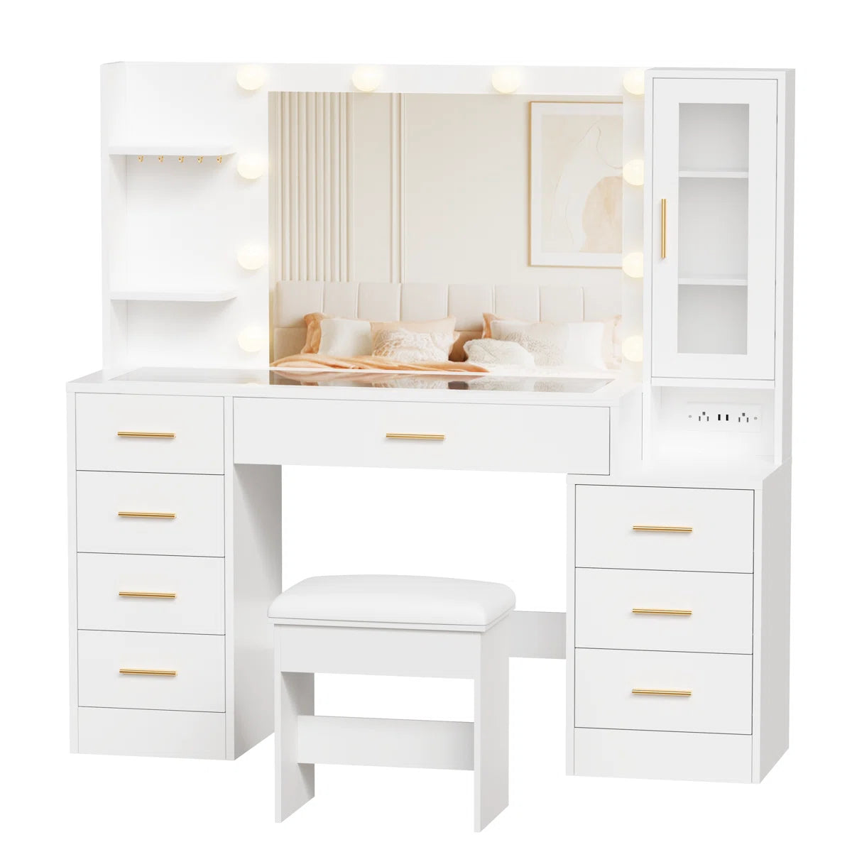 49.2" Makeup Vanity Desk with 8 Drawers, Glass Surface, and Built-In Charging Outlet Ouch Cart